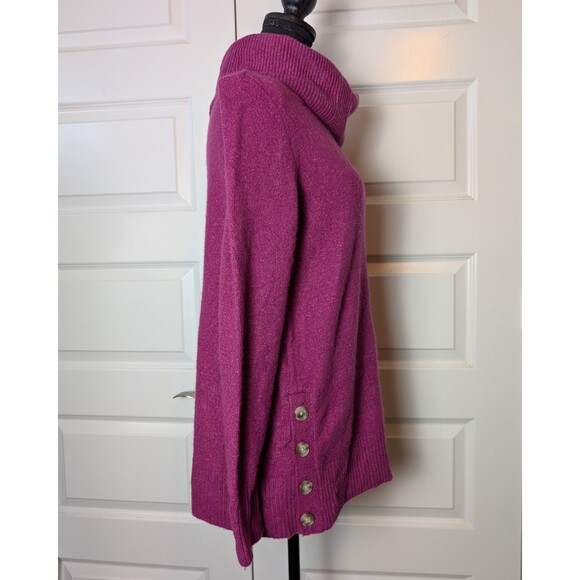 Loft Size M Sweater Merino Wool Blend Cowl Neck Side Buttons Tunic Fuchsia - Picture 4 of 10